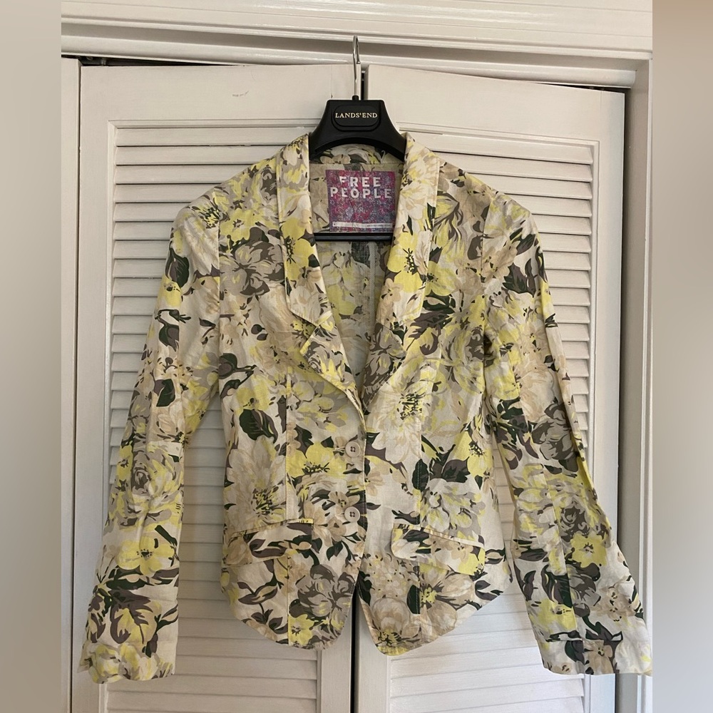 Women's Free People Linen Cotton Blend Floral Blazer Jacket Size 6